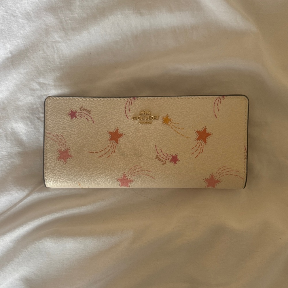 Coach Cream Continental Wallet with Pink and Orange Star Motif